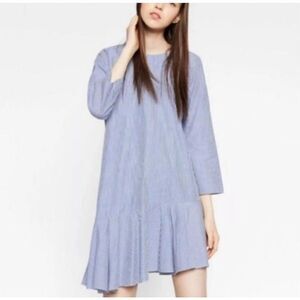 Zara Asymmetric Ruffle Hem Striped Dress Blue White Size XL